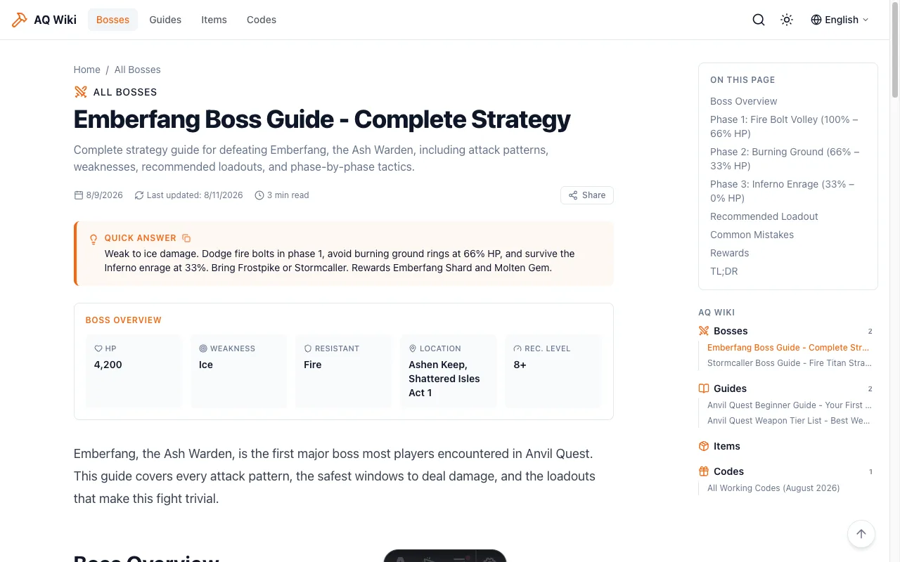 Boss guide article — Quick Answer card and structured Boss Overview data card