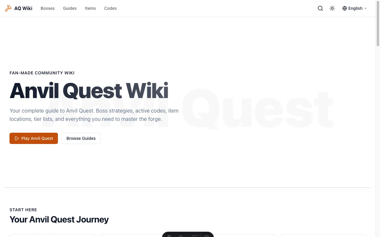 AnvilWiki demo homepage — game wiki built with the template