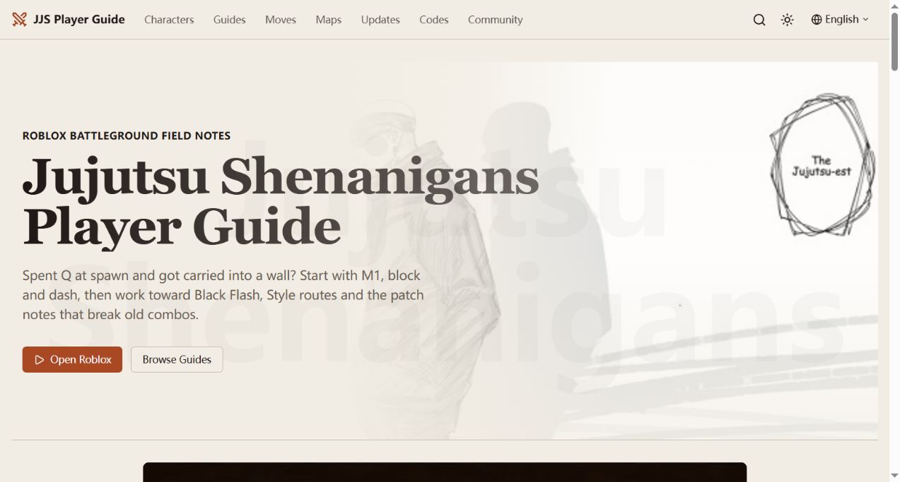 Screenshot of the Jujutsu Shenanigans Player Guide homepage