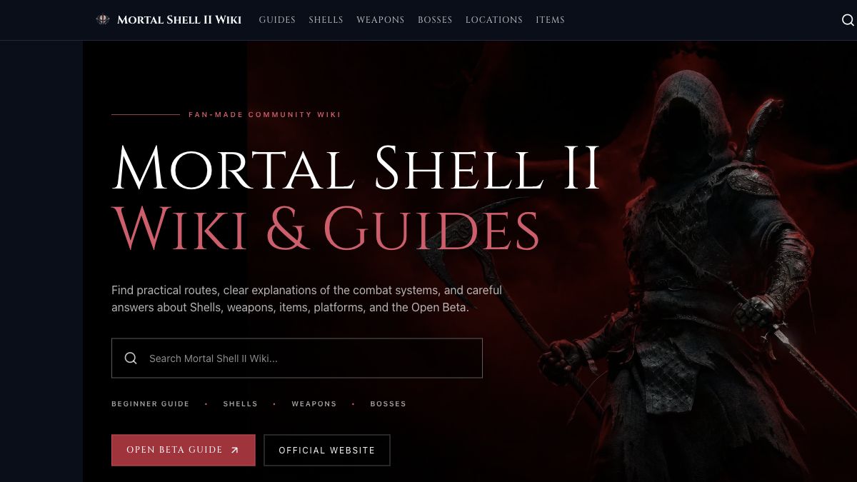 Screenshot of the Mortal Shell II Wiki homepage